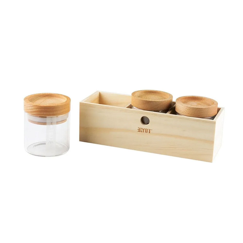 RYOT JAR BOX W/ 3 JARS AND WOODEN TRAY LID