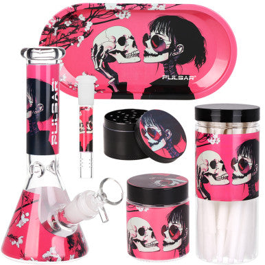 Pulsar Design Series Beaker Water Pipe Smokers Kit - 7.75" / Sakura Skulls