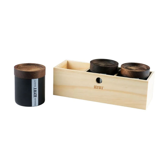 RYOT JAR BOX W/ 3 JARS AND WOODEN TRAY LID